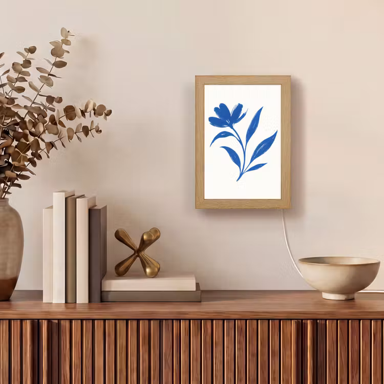 Bloem - Blaadjes - Minimalistisch - Blauw Light Box met kabel (Tafellamp) klein -sfeer2