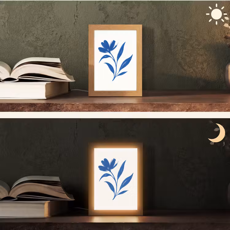 Bloem - Blaadjes - Minimalistisch - Blauw Light Box met kabel (Tafellamp) klein -sfeer3