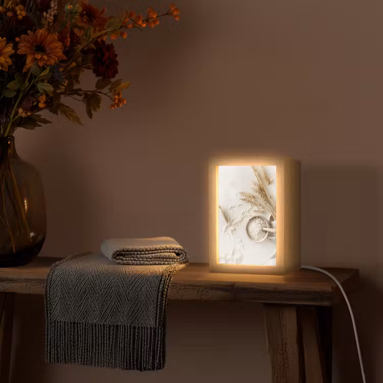 Bloem - Hout - Tarwe Light Box met kabel (Tafellamp) klein -sfeer4