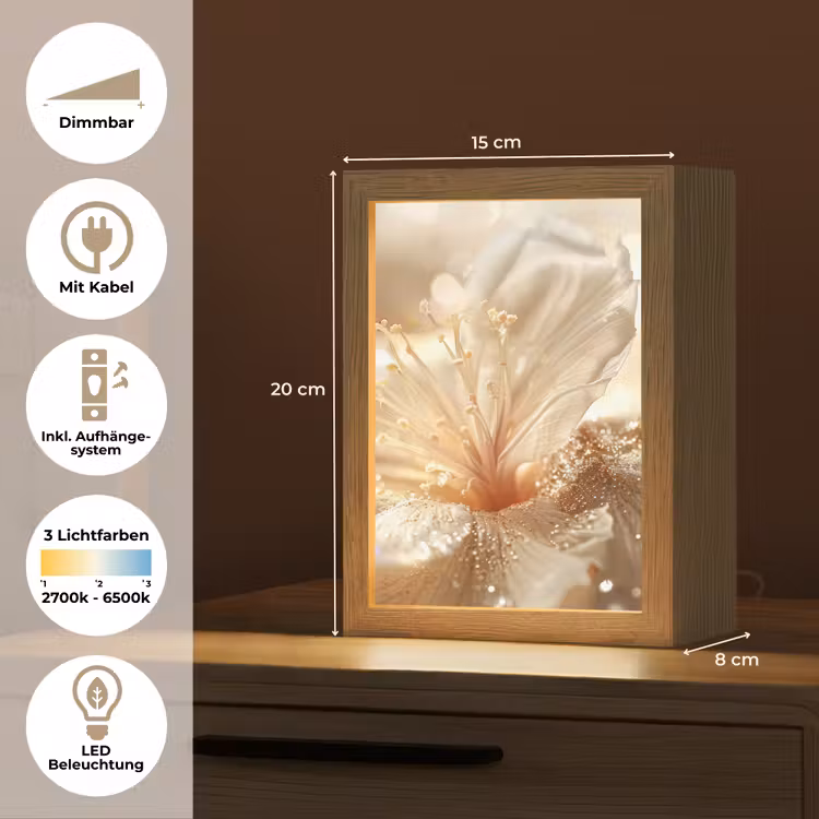 Bloem - Wit - Glitter - Goud - Modern Light Box met kabel (Tafellamp) klein -USP_DE