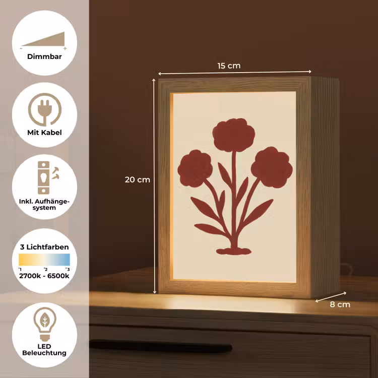 Bloemen - Bladeren - Rood - Minimalistisch Light Box met kabel (Tafellamp) klein -USP_DE