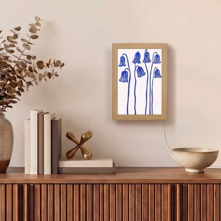 Bloemen - Blauw - Lijnen - Bloemblaadjes Light Box met kabel (Tafellamp) klein -sfeer2