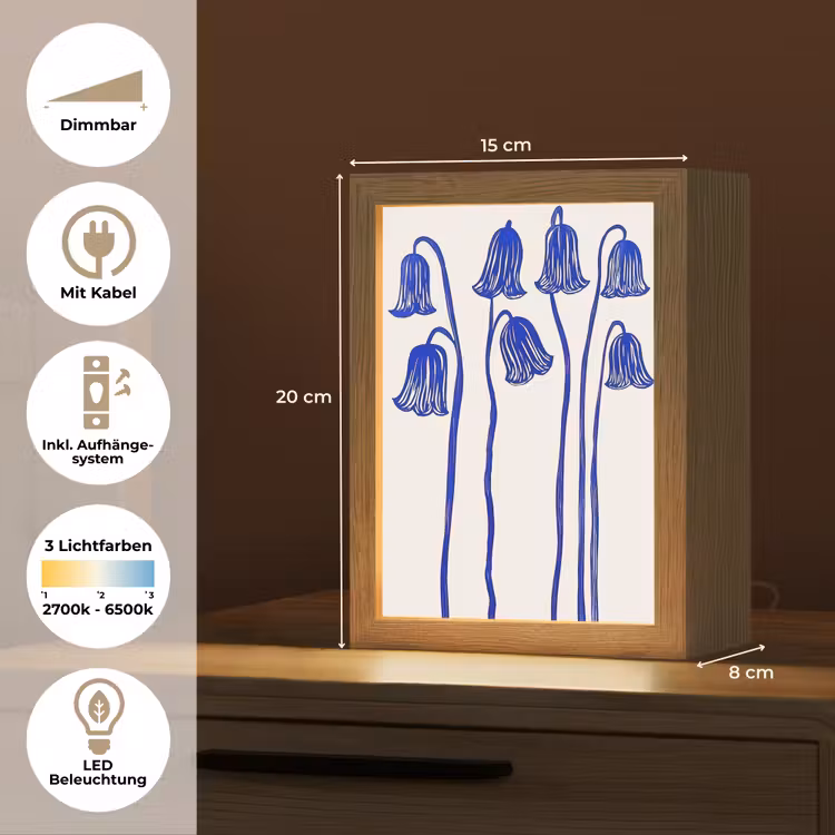 Bloemen - Blauw - Lijnen - Bloemblaadjes Light Box met kabel (Tafellamp) klein -USP_DE