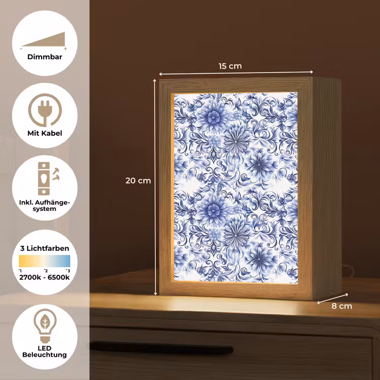 Bloemen - Blauw - Patroon - Wit Light Box met kabel (Tafellamp) klein 925 -USP_DE