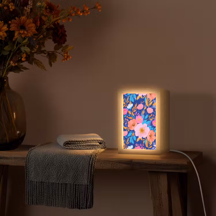 Bloemen - Blauw - Roze Light Box met kabel (Tafellamp) klein -sfeer4