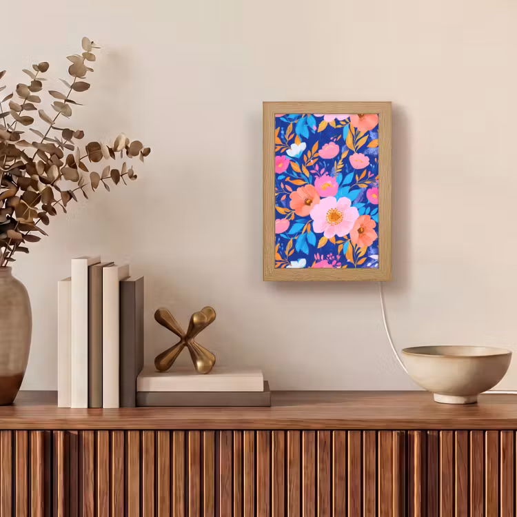 Bloemen - Blauw - Roze Light Box met kabel (Tafellamp) klein -sfeer2
