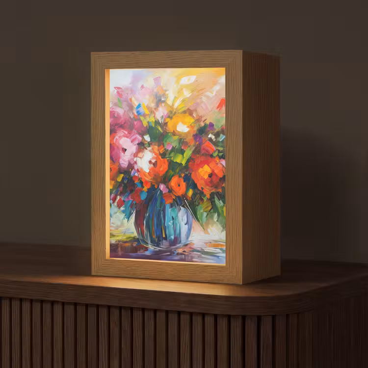 Bloemen - Kleurrijk - Bloempot - Olieverf Light Box met kabel (Tafellamp) klein -z3d_website