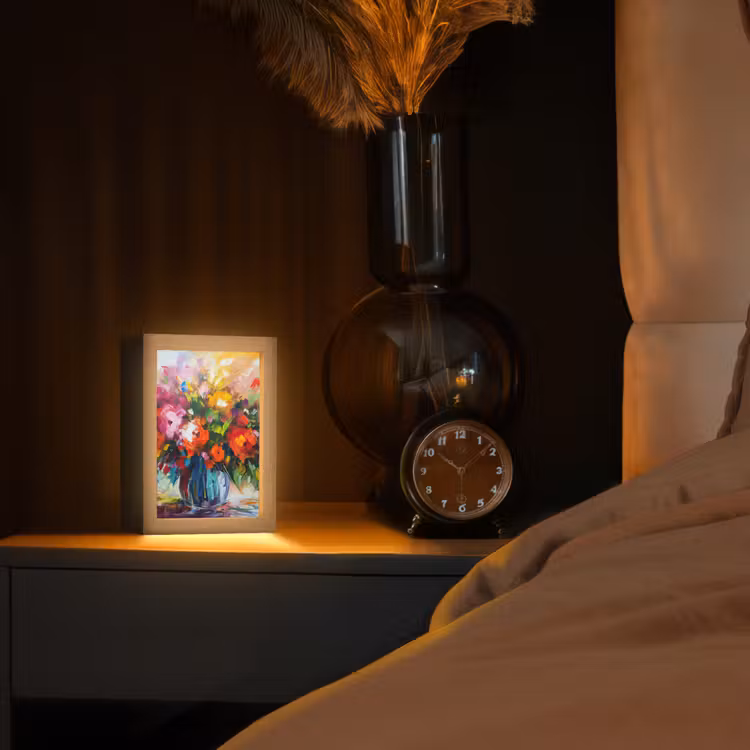 Bloemen - Kleurrijk - Bloempot - Olieverf Light Box met kabel (Tafellamp) klein -sfeer1