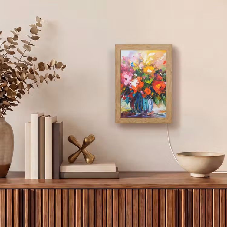 Bloemen - Kleurrijk - Bloempot - Olieverf Light Box met kabel (Tafellamp) klein -sfeer2