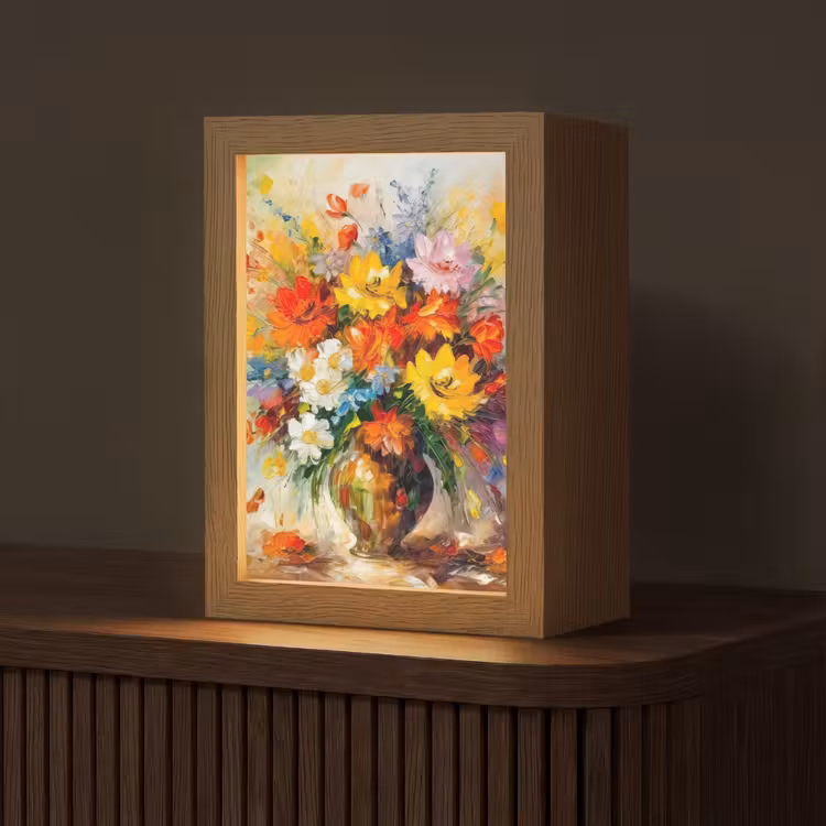 Bloemen - Kleurrijk - Olieverf - Bloempot Light Box met kabel (Tafellamp) klein -z3d_website