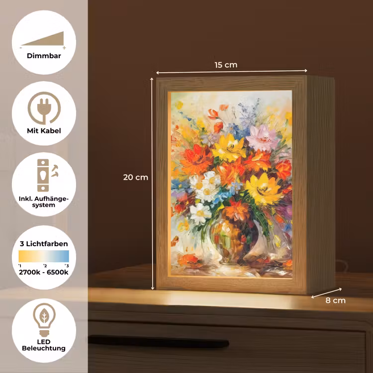 Bloemen - Kleurrijk - Olieverf - Bloempot Light Box met kabel (Tafellamp) klein -USP_DE