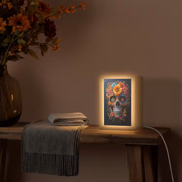 Bloemen - Kleurrijk - Schedel Light Box met kabel (Tafellamp) klein -sfeer4