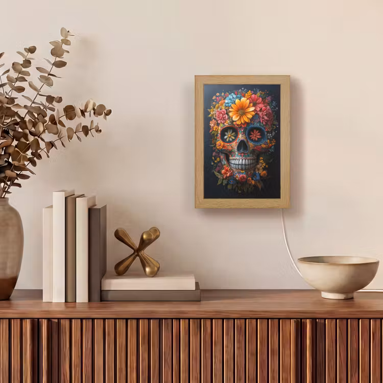 Bloemen - Kleurrijk - Schedel Light Box met kabel (Tafellamp) klein -sfeer2