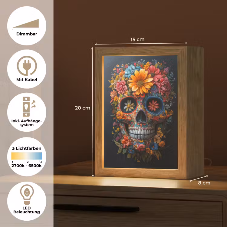 Bloemen - Kleurrijk - Schedel Light Box met kabel (Tafellamp) klein -USP_DE
