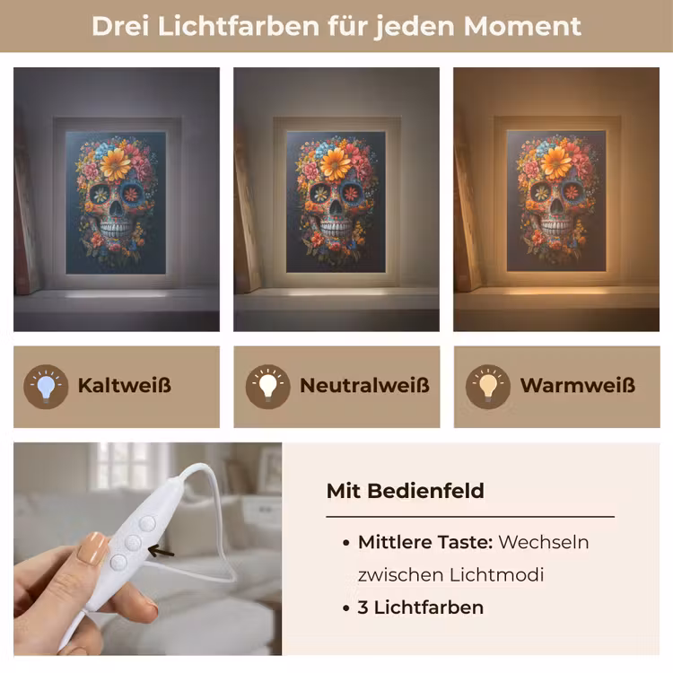 Bloemen - Kleurrijk - Schedel Light Box met kabel (Tafellamp) klein -USP_lichtkleurDE