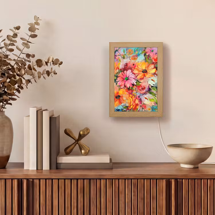 Bloemen - Kleurrijk - Kunst - Olieverf Light Box met kabel (Tafellamp) klein -sfeer2