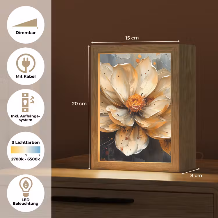 Bloemen - Goud - Kunst - Zwart - Modern Light Box met kabel (Tafellamp) klein -USP_DE