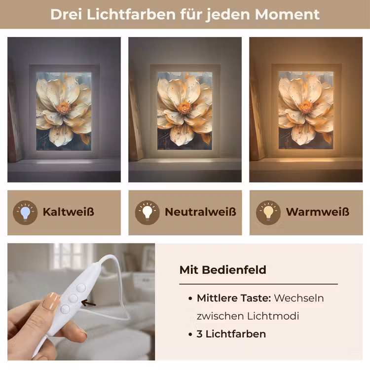 Bloemen - Goud - Kunst - Zwart - Modern Light Box met kabel (Tafellamp) klein -USP_lichtkleurDE