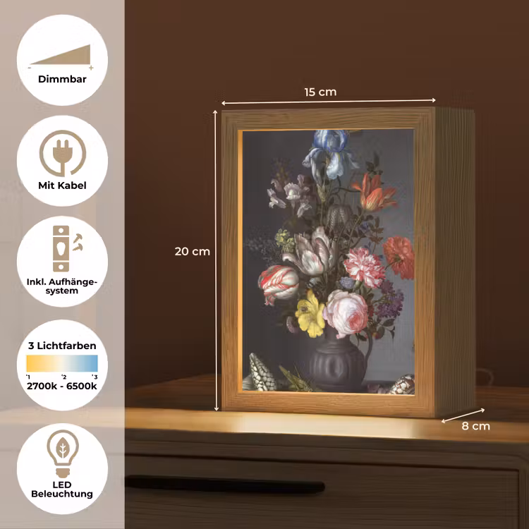 Bloemen in een vaas met schelpen en insecten - Balthasar van der Ast Light Box met kabel (Tafellamp) klein -USP_DE