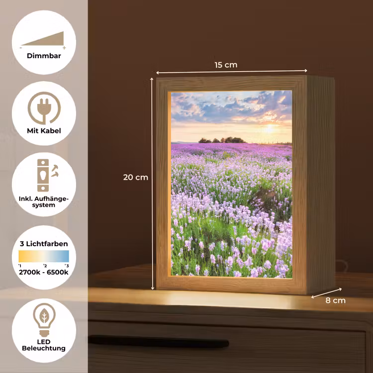 Bloemen - Lavendel - Paars - Lucht - Zonsondergang - Weide - Natuur Light Box met kabel (Tafellamp) klein -USP_DE