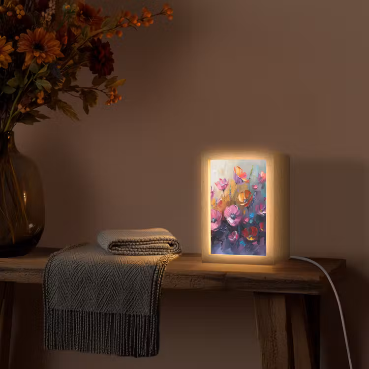 Bloemen - Paars - Kleurrijk - Handgeschilderd - Kunst Light Box met kabel (Tafellamp) klein -sfeer4