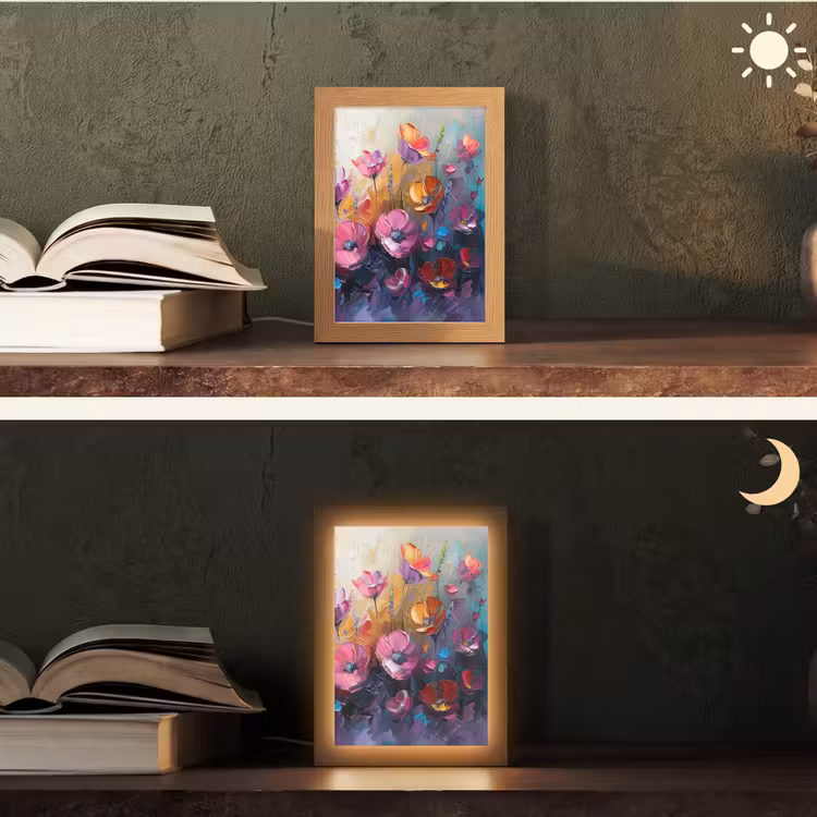 Bloemen - Paars - Kleurrijk - Handgeschilderd - Kunst Light Box met kabel (Tafellamp) klein -sfeer3