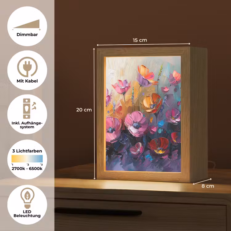 Bloemen - Paars - Kleurrijk - Handgeschilderd - Kunst Light Box met kabel (Tafellamp) klein -USP_DE