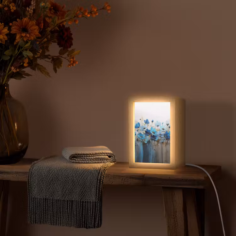Bloemen - Schilderij - Blauw Light Box met kabel (Tafellamp) klein -sfeer4
