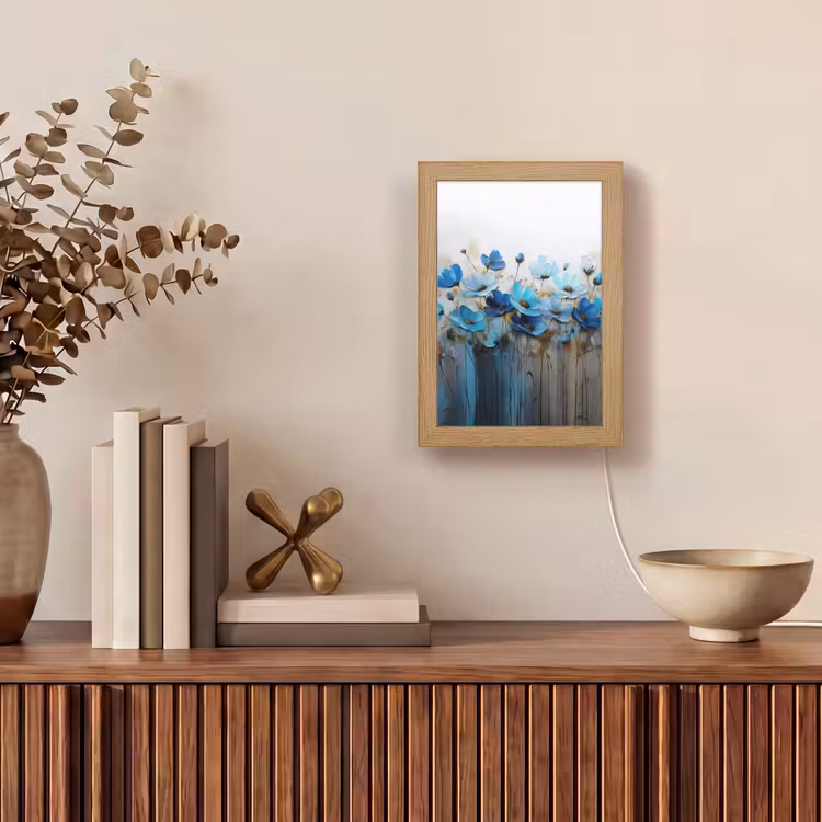 Bloemen - Schilderij - Blauw Light Box met kabel (Tafellamp) klein -sfeer2