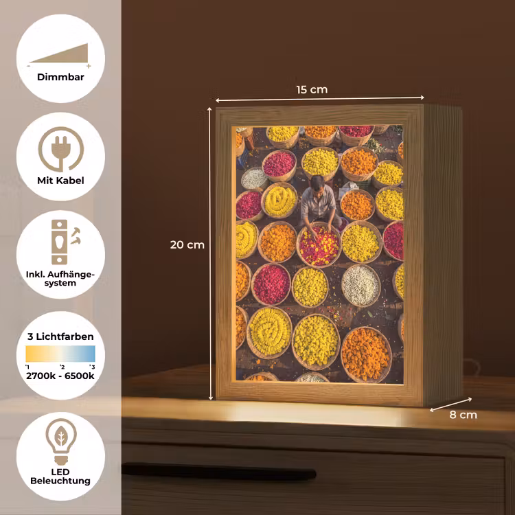 Tischlampe - Blumen – Markt – Bunt - Bloemen - Markt - Kleurrijk Light Box met kabel (Tafellamp) klein