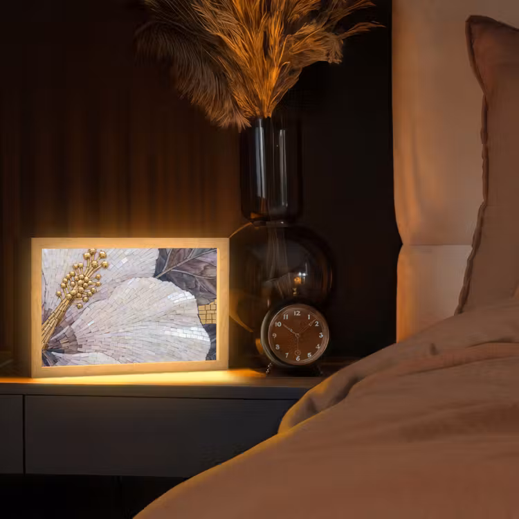 Bloemen - Mozaïek - Kunst - Modern - Goud Light Box met kabel (Tafellamp) klein -sfeer1