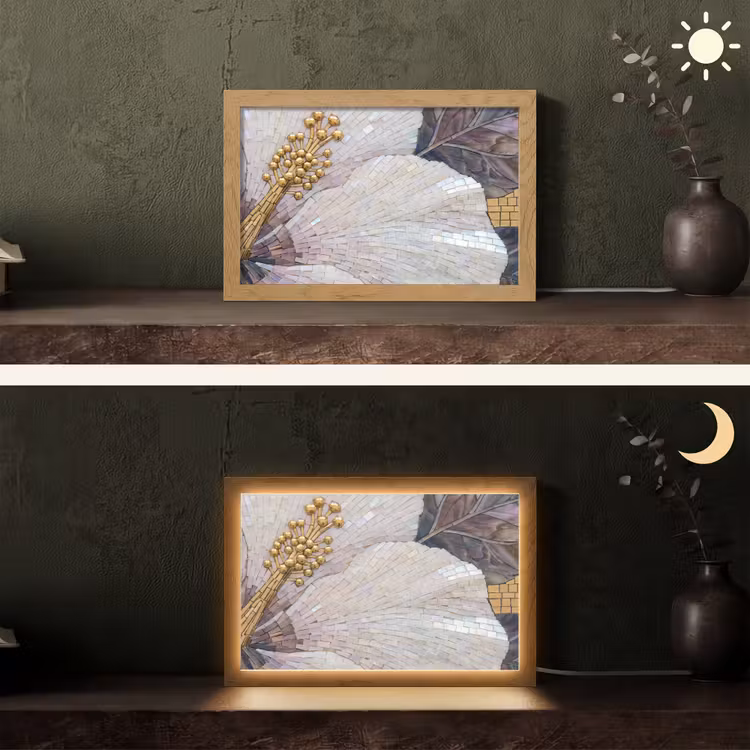 Bloemen - Mozaïek - Kunst - Modern - Goud Light Box met kabel (Tafellamp) klein -sfeer3
