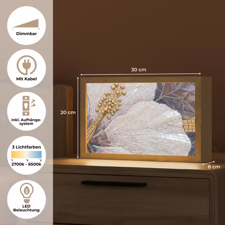 Bloemen - Mozaïek - Kunst - Modern - Goud Light Box met kabel (Tafellamp) klein -USP_DE