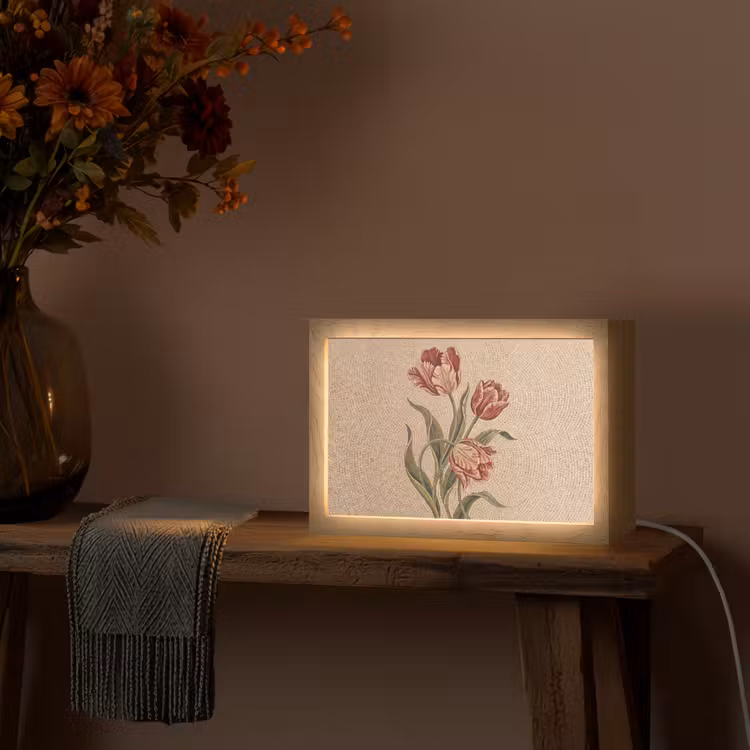 Bloemen - Mozaïek - Rood - Groen - Kunst Light Box met kabel (Tafellamp) klein -sfeer4
