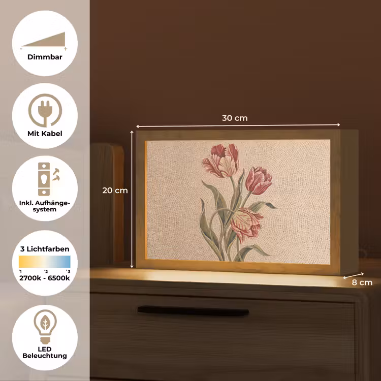 Bloemen - Mozaïek - Rood - Groen - Kunst Light Box met kabel (Tafellamp) klein -USP_DE