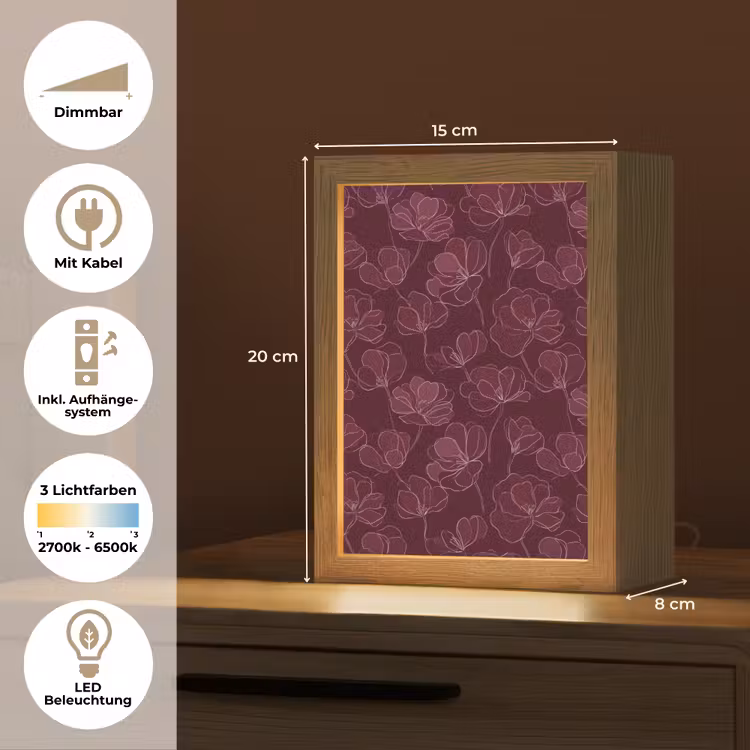 Bloemen - Patroon - Bordeauxrood Light Box met kabel (Tafellamp) klein 925 -USP_DE