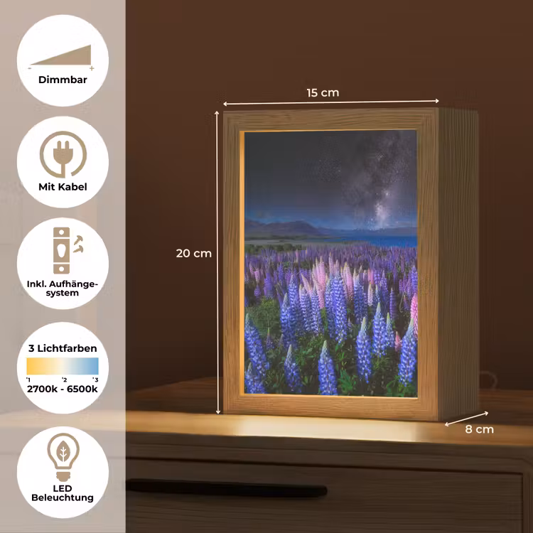 Bloemen - Nacht - Lupine - Sterrenhemel - Paars - Natuur Light Box met kabel (Tafellamp) klein -USP_DE