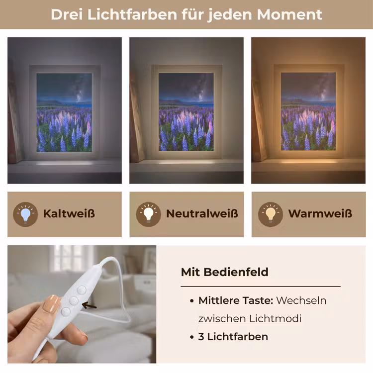 Bloemen - Nacht - Lupine - Sterrenhemel - Paars - Natuur Light Box met kabel (Tafellamp) klein -USP_lichtkleurDE