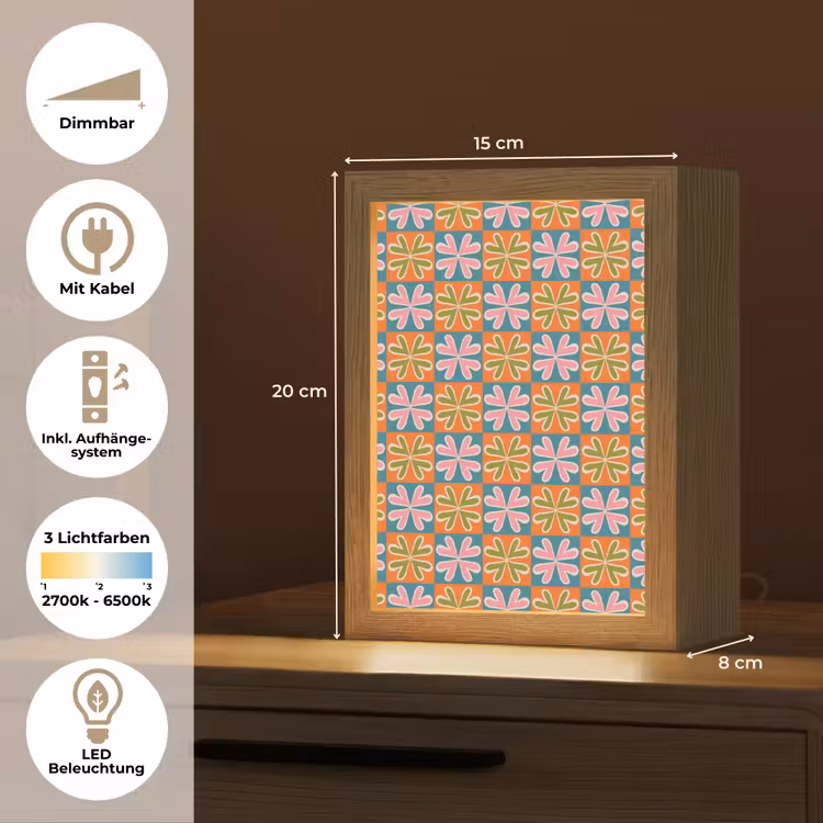 Bloemen - Retro - Patroon - Kleurrijk Light Box met kabel (Tafellamp) klein 925 -USP_DE