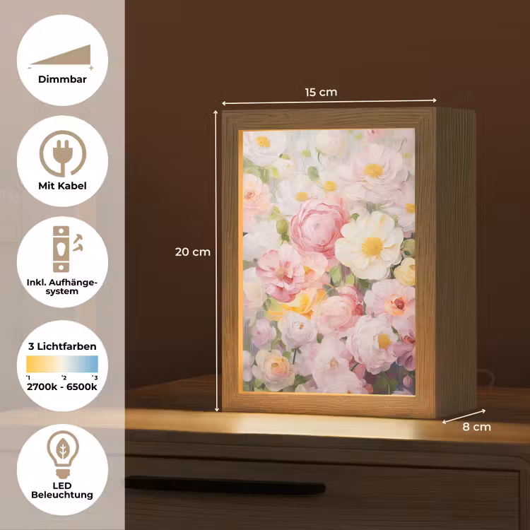 Bloemen - Roze - Botanisch - Kunst - Acrylverf Light Box met kabel (Tafellamp) klein -USP_DE