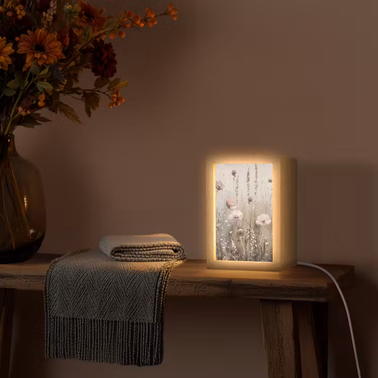 Bloemen - Roze - Modern - Beige Light Box met kabel (Tafellamp) klein -sfeer4