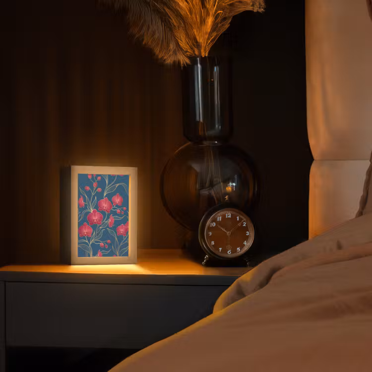 Tischlampe - Blumen – Rot – Gold - Bloemen - Rood - Goud Light Box met kabel (Tafellamp) klein