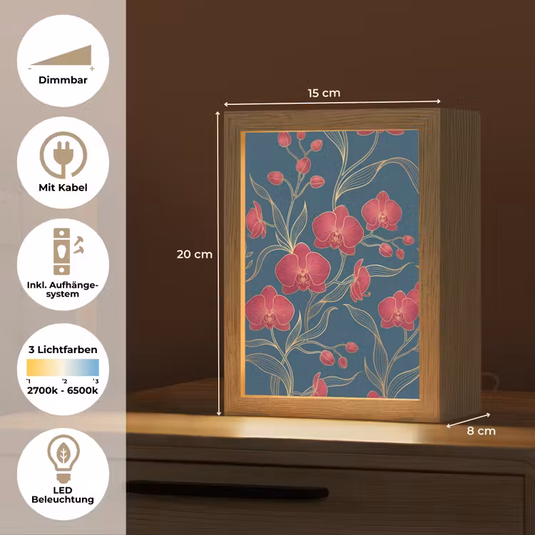 Tischlampe - Blumen – Rot – Gold - Bloemen - Rood - Goud Light Box met kabel (Tafellamp) klein