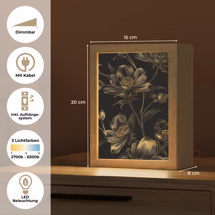 Bloemen - Zwart - Goud - Line art Light Box met kabel (Tafellamp) klein -USP_DE