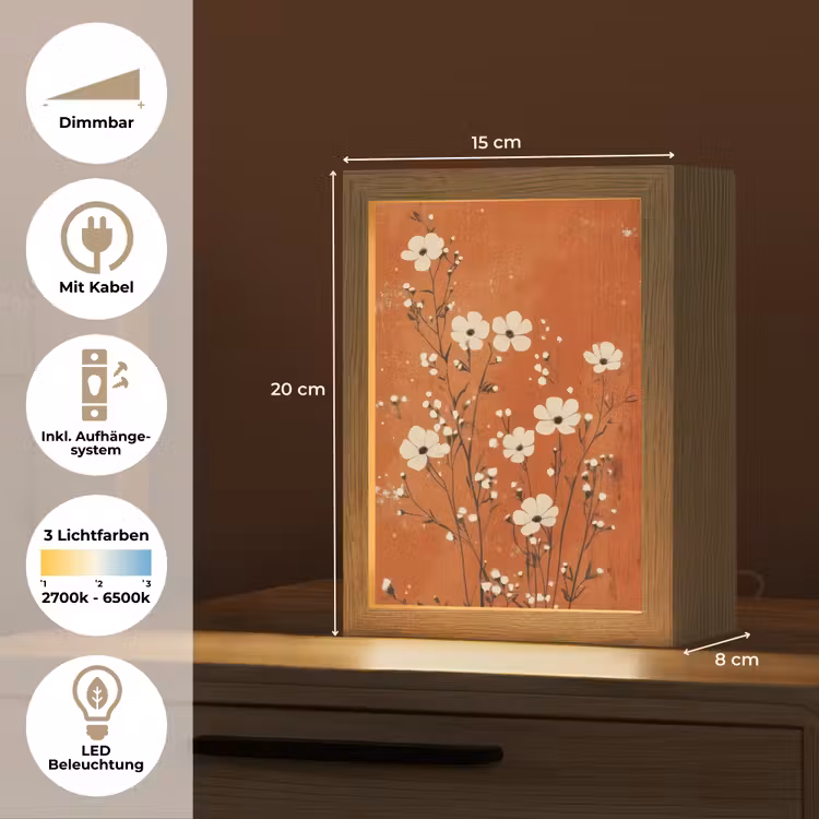 Bloemen - Wit - Subtiel - Roestkleur Light Box met kabel (Tafellamp) klein -USP_DE
