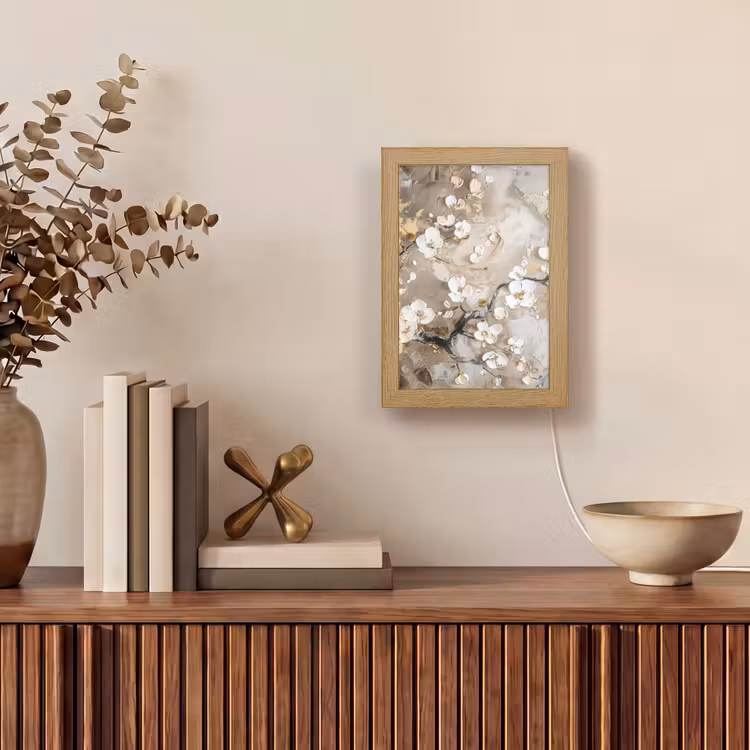 Bloemen - Wit - Goud - Beige - Luxe Light Box met kabel (Tafellamp) klein -sfeer2