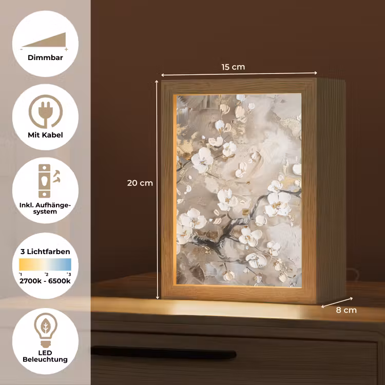 Bloemen - Wit - Goud - Beige - Luxe Light Box met kabel (Tafellamp) klein -USP_DE