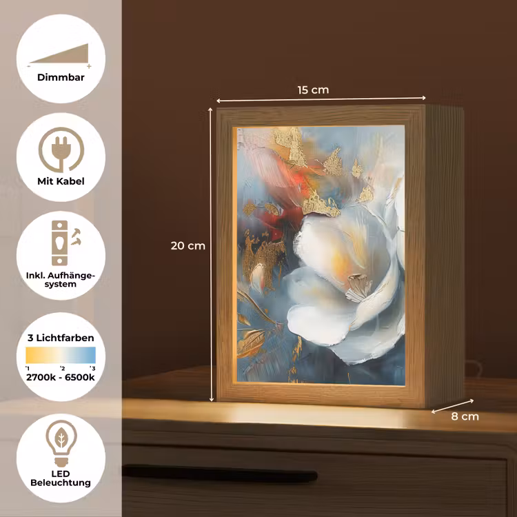 Bloemen - Wit - Goud - Kunst - Abstract Light Box met kabel (Tafellamp) klein -USP_DE