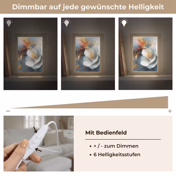 Bloemen - Wit - Goud - Kunst - Abstract Light Box met kabel (Tafellamp) klein -USP_dimbaarDE