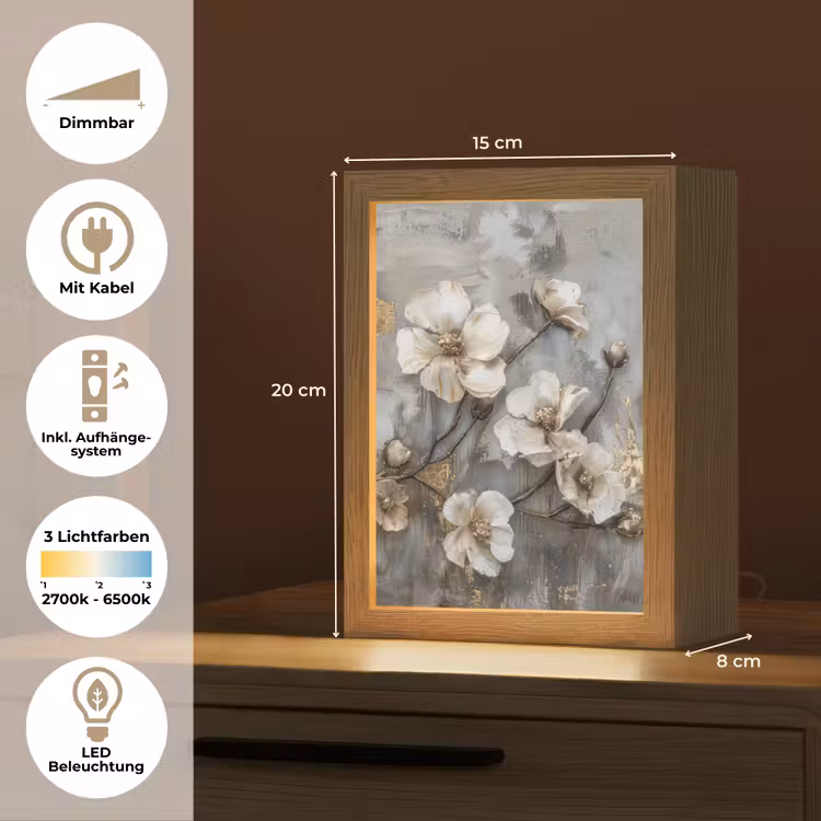 Bloemen - Wit - Grijs - Goud - Luxe Light Box met kabel (Tafellamp) klein -USP_DE